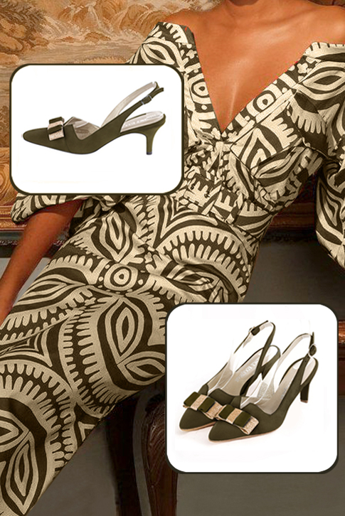 Women's khaki green and gold elegant slingback heels, with a bow on the front. Tapered toe. Medium slim heel - Worn view